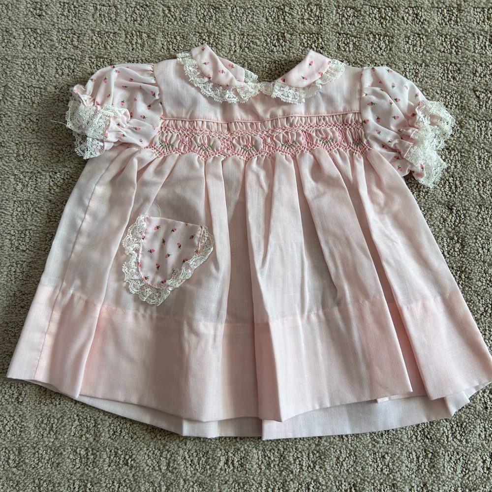 Girls Pink Smocked Lace-Trim Dress Blouse